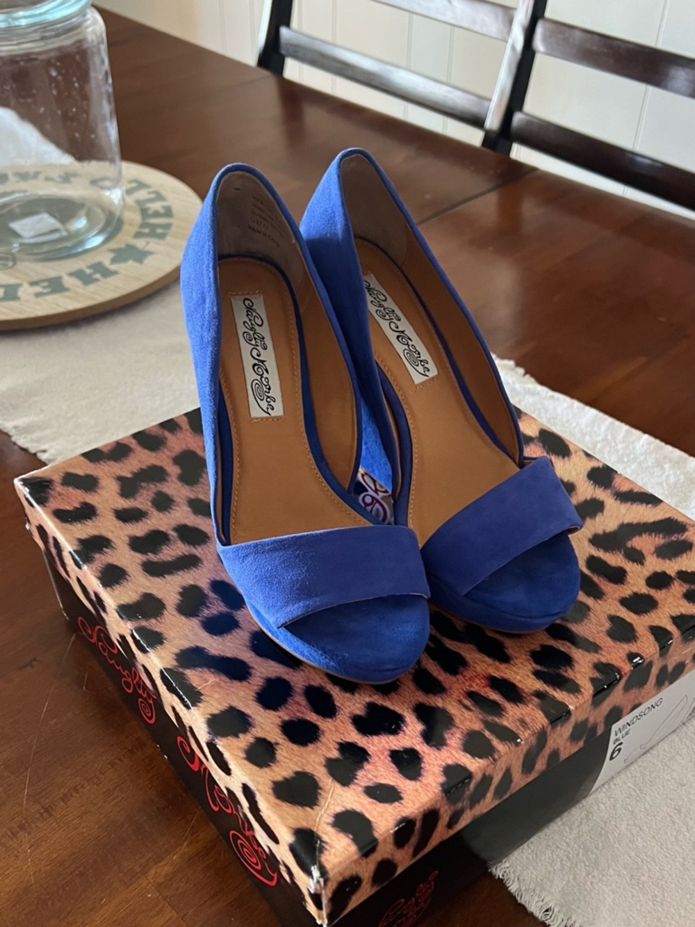 naughty monkey Windsong Blue Suede Peep-Toe Wedge Heels